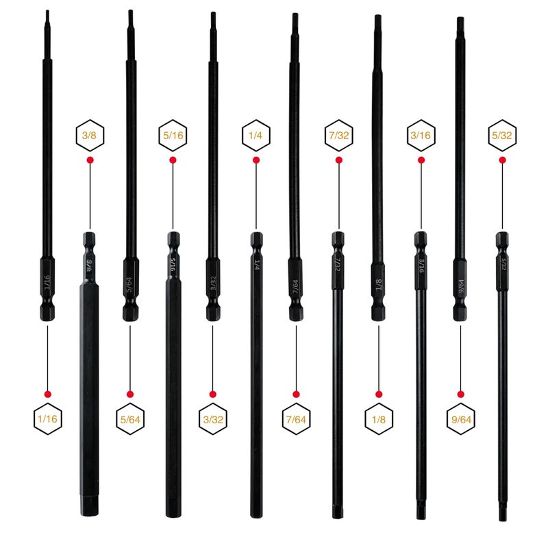 Narwhal 6" Long Allen Hex Bit Set (12 Pack of Drill Bits with Case) 6 Inch Allen Key Hex Bits in The Following SAE Sizes 1/16" 5/64", 3/32", 7/64", 1/8", 9/64", 5/32", 3/16", 7/32", 1/4", 5/16", 3/8 - Image 2